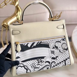 Replica Hermes White Navy Blue Print Kelly 32 Gold Hardware Bag