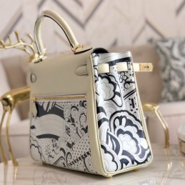 Replica Hermes White Navy Blue Print Kelly 32 Gold Hardware Bag