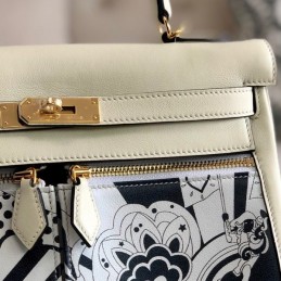 Replica Hermes White Navy Blue Print Kelly 32 Gold Hardware Bag