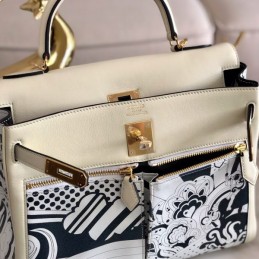 Replica Hermes White Navy Blue Print Kelly 32 Gold Hardware Bag
