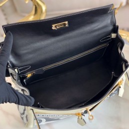 Replica Hermes White Navy Blue Print Kelly 32 Gold Hardware Bag