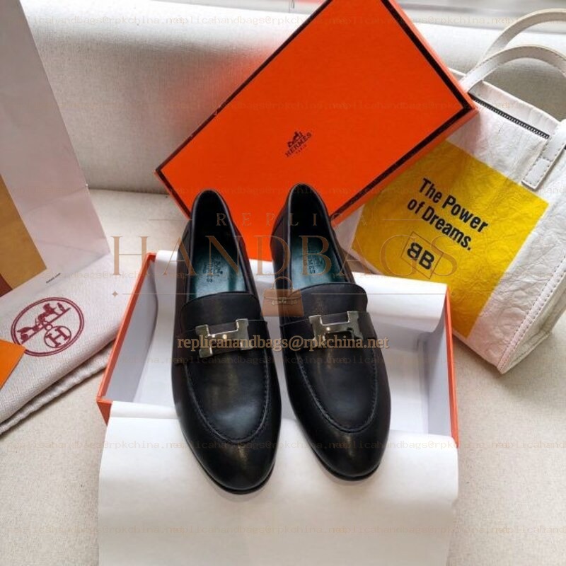 Replica Hermes Black Leather Loafer