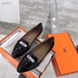 Replica Hermes Black Patent Buckle Loafer