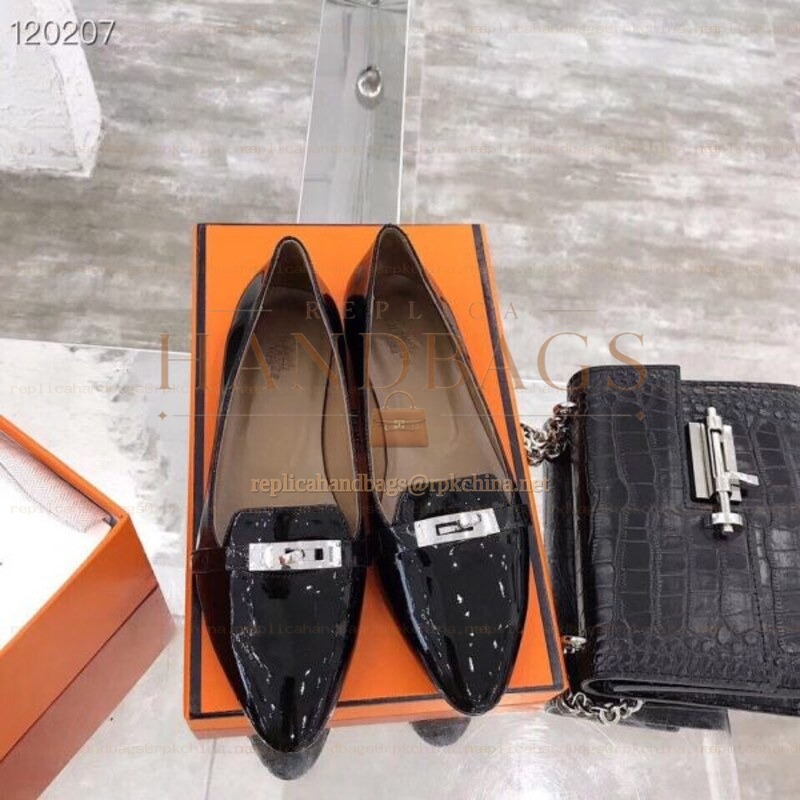 Replica Hermes Black Patent Buckle Loafer