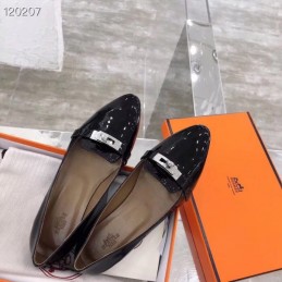 Replica Hermes Black Patent Buckle Loafer