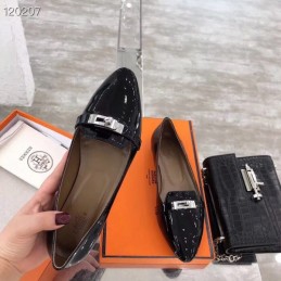 Replica Hermes Black Patent Buckle Loafer
