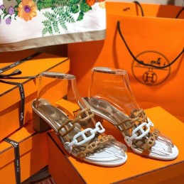 Replica Hermes tan white chain H heel sandal