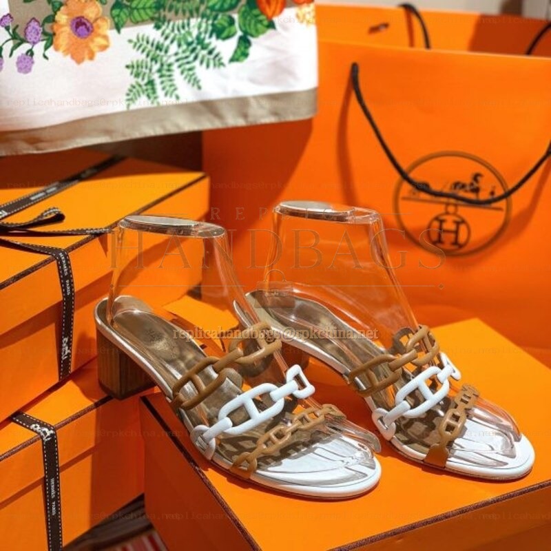 Replica Hermes tan white chain H heel sandal