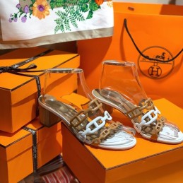 Replica Hermes tan white chain H heel sandal