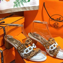 Replica Hermes tan white chain H heel sandal