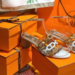 Replica Hermes tan white chain H heel sandal