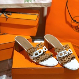 Replica Hermes tan white chain H heel sandal