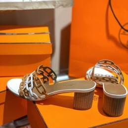 Replica Hermes tan white chain H heel sandal