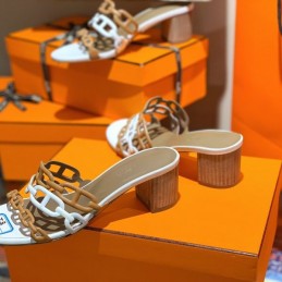 Replica Hermes tan white chain H heel sandal