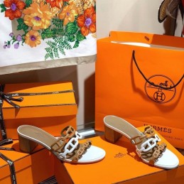 Replica Hermes tan white chain H heel sandal