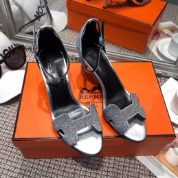 Replica Hermes Black Silver H Heel Sandal