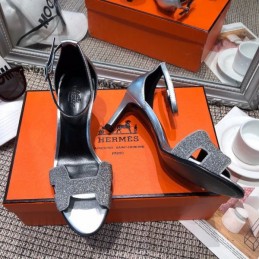 Replica Hermes Black Silver H Heel Sandal