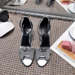 Replica Hermes Black Silver H Heel Sandal