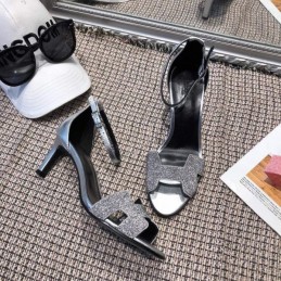 Replica Hermes Black Silver H Heel Sandal