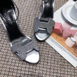 Replica Hermes Black Silver H Heel Sandal