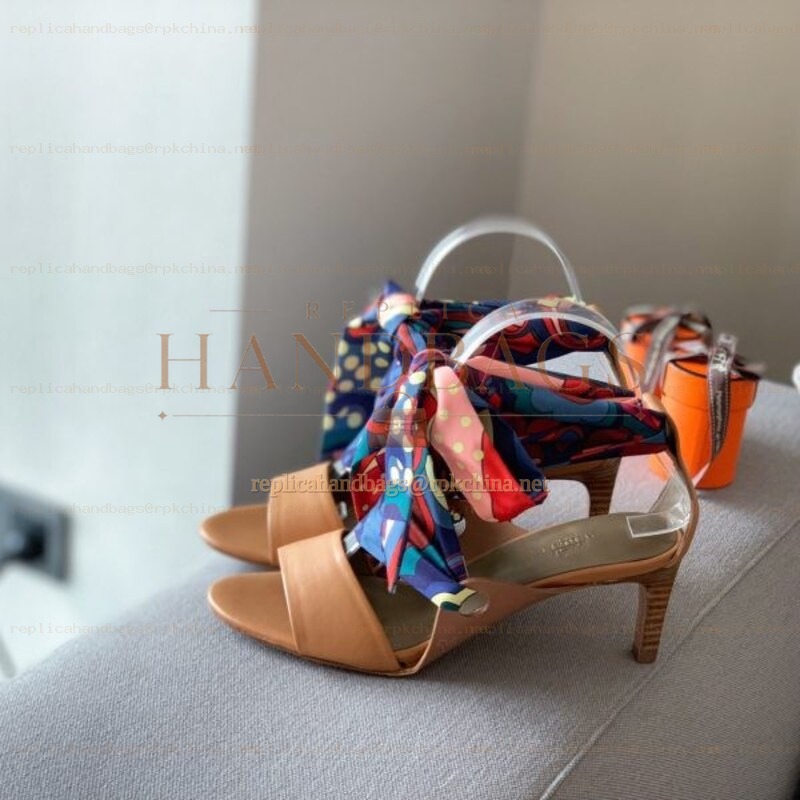 Replica Hermes Tan Scarf Tie Heel Sandal