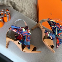 Replica Hermes Tan Scarf Tie Heel Sandal