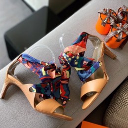 Replica Hermes Tan Scarf Tie Heel Sandal