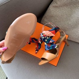 Replica Hermes Tan Scarf Tie Heel Sandal