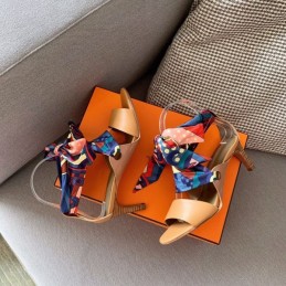 Replica Hermes Tan Scarf Tie Heel Sandal
