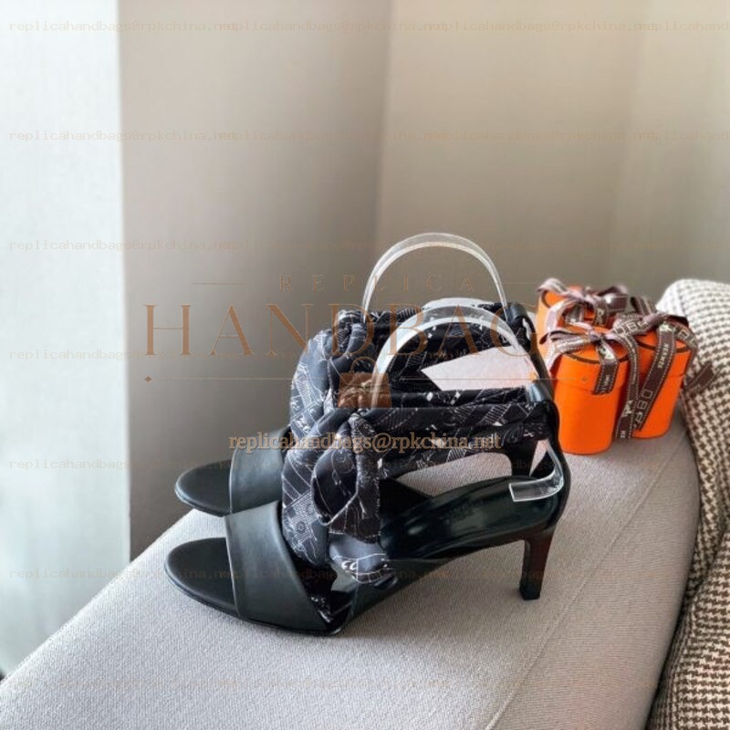Replica Hermes Black Scarf Tie Heel Sandal