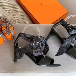 Replica Hermes Black Scarf Tie Heel Sandal