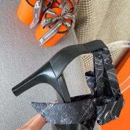 Replica Hermes Black Scarf Tie Heel Sandal