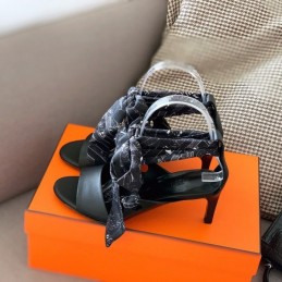 Replica Hermes Black Scarf Tie Heel Sandal