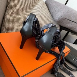 Replica Hermes Black Scarf Tie Heel Sandal