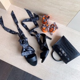 Replica Hermes Black Scarf Tie Heel Sandal