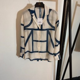 Replica Hermes White Navy Scarf Print Shirt