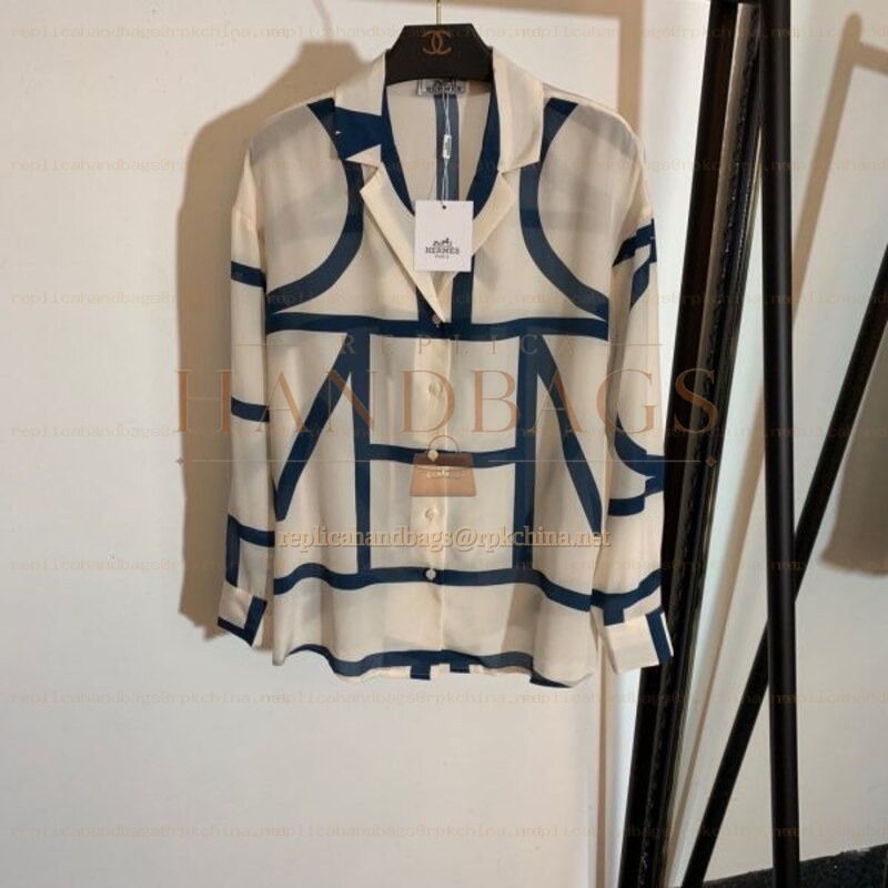 Replica Hermes White Navy Scarf Print Shirt
