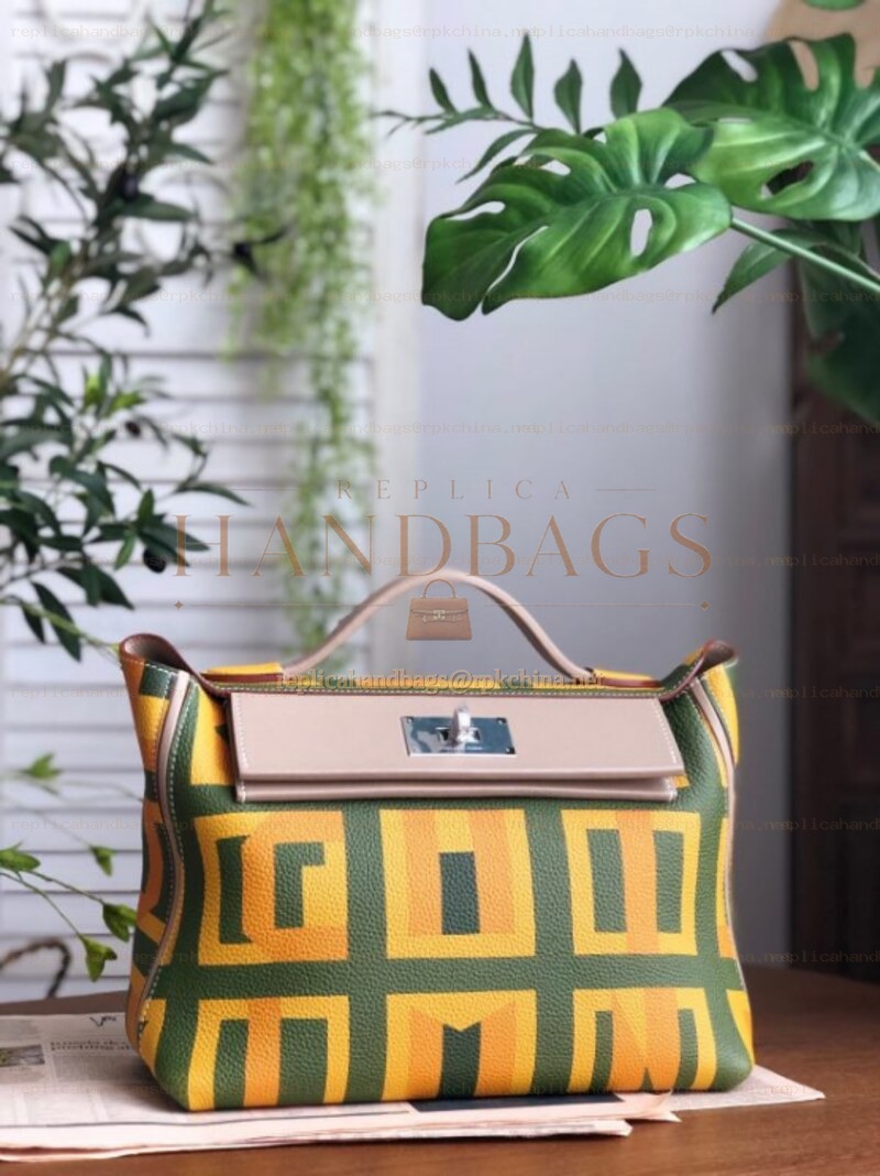 Replica Hermes Yellow Green Print Kelly 2424 29 Bag