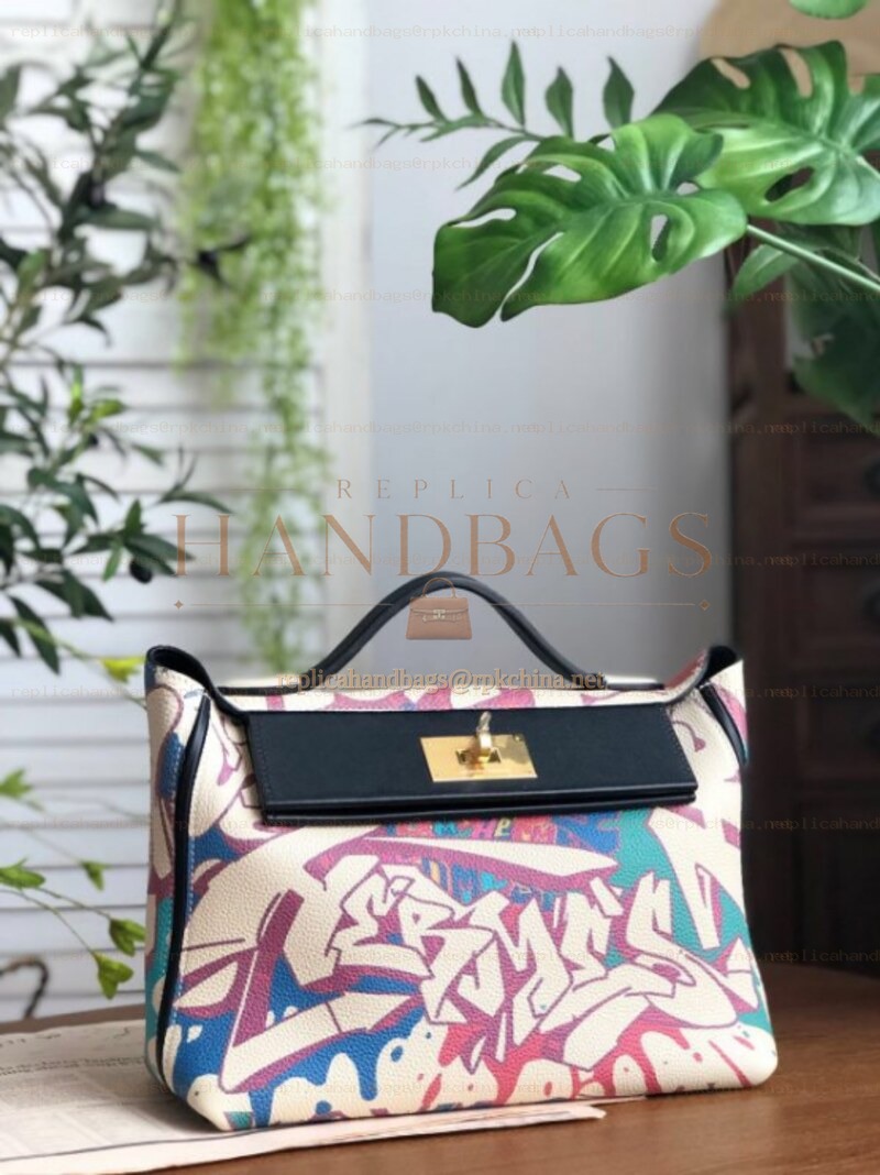 Replica Hermes White Multicolor Print Kelly 2424 29 Bag