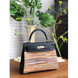 Replica Hermes Black Multicolor Print Kelly 25 Bag