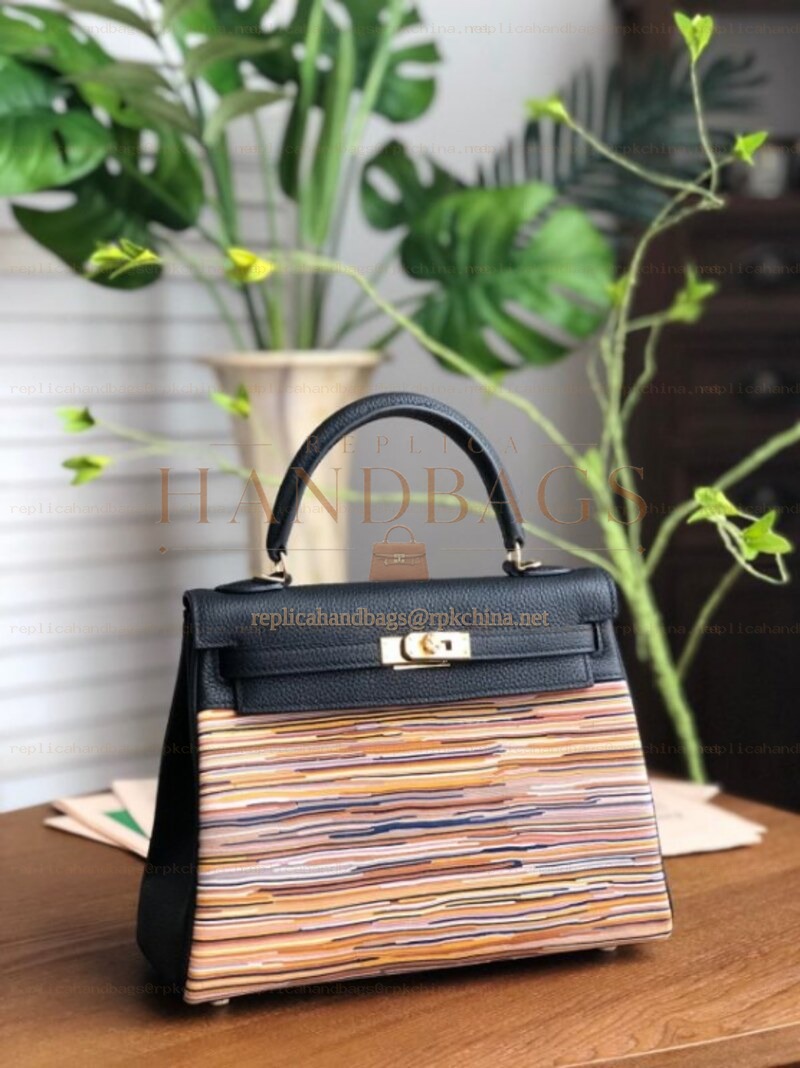 Replica Hermes Black Multicolor Print Kelly 25 Bag