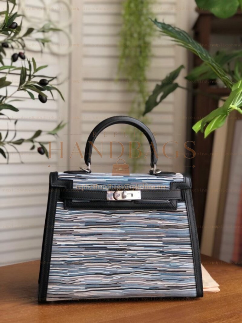 Replica Hermes Black Multicolor Print Kelly 28 Bag