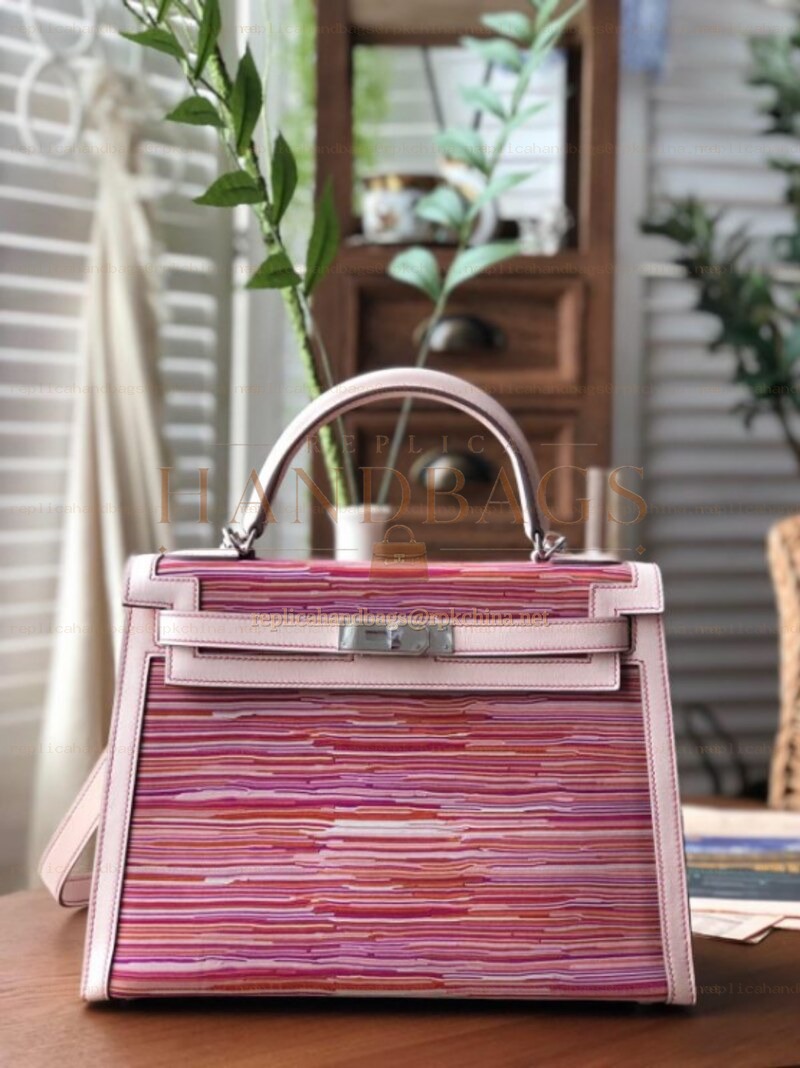 Replica Hermes Pink Multicolor Print Kelly 32 Palladium Hardware Bag