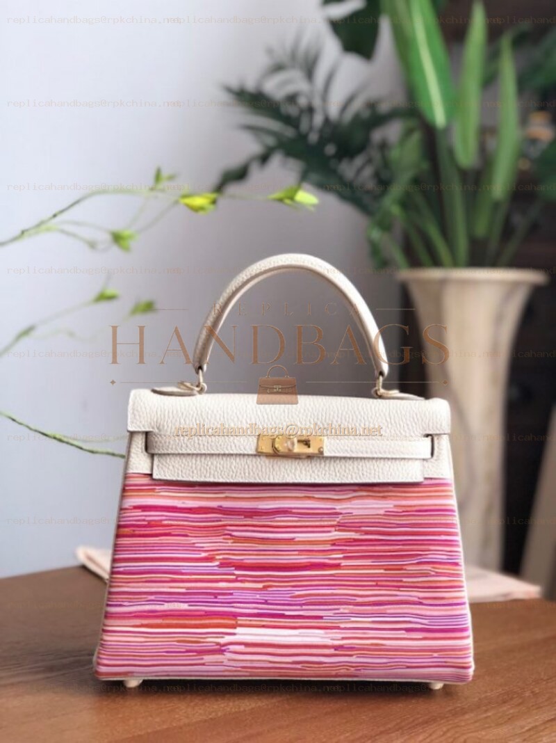 Replica Hermes White Pink Print Kelly 25 Bag