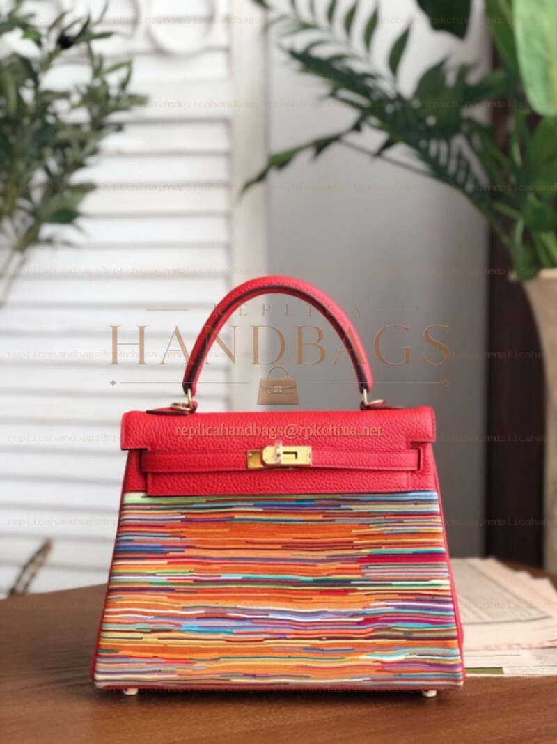 Replica Hermes Red Multicolor Print Kelly 25 Bag