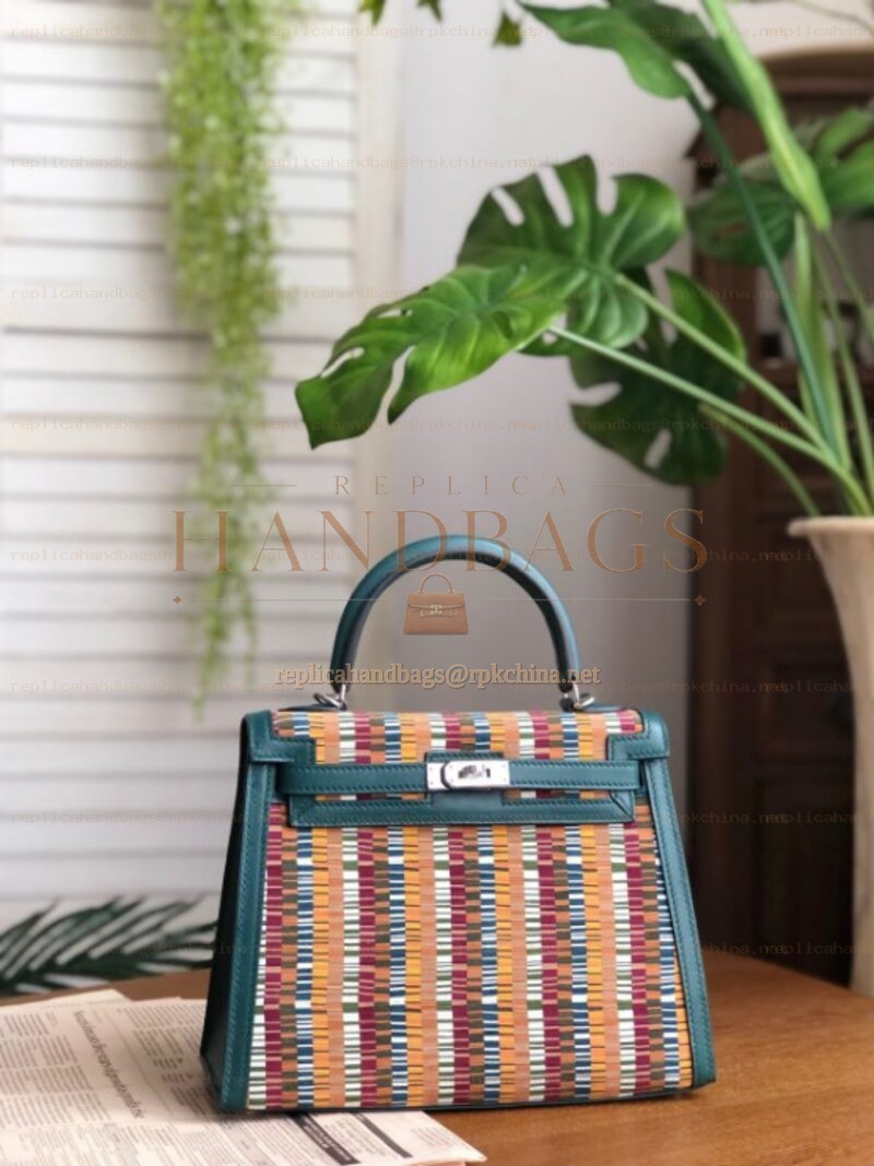 Replica Hermes Blue Orange Print Kelly 25 Bag