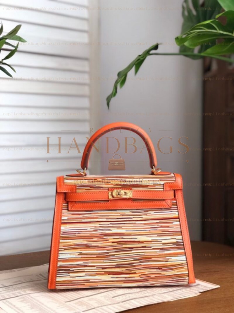 Replica Hermes Orange Multicolor Print Kelly 25 Bag