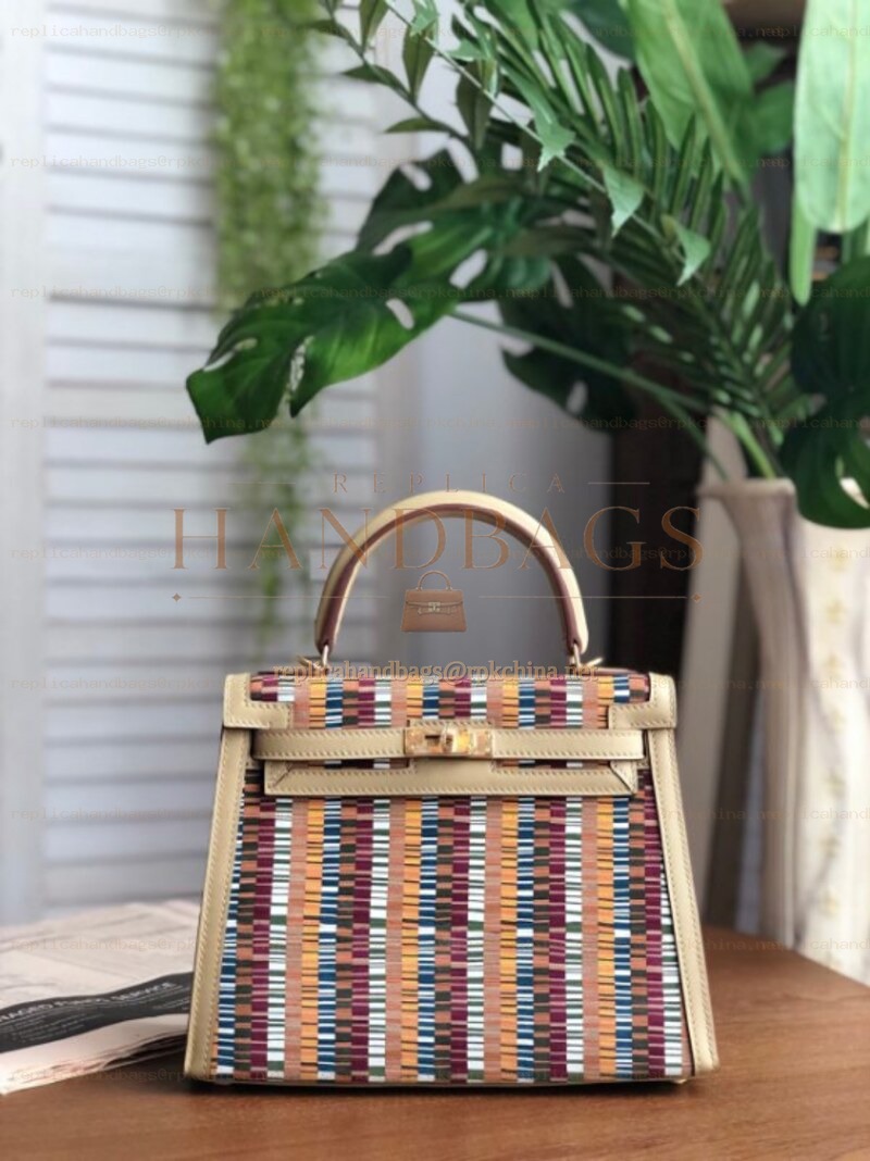 Replica Hermes White Multicolor Print Kelly 25 Bag