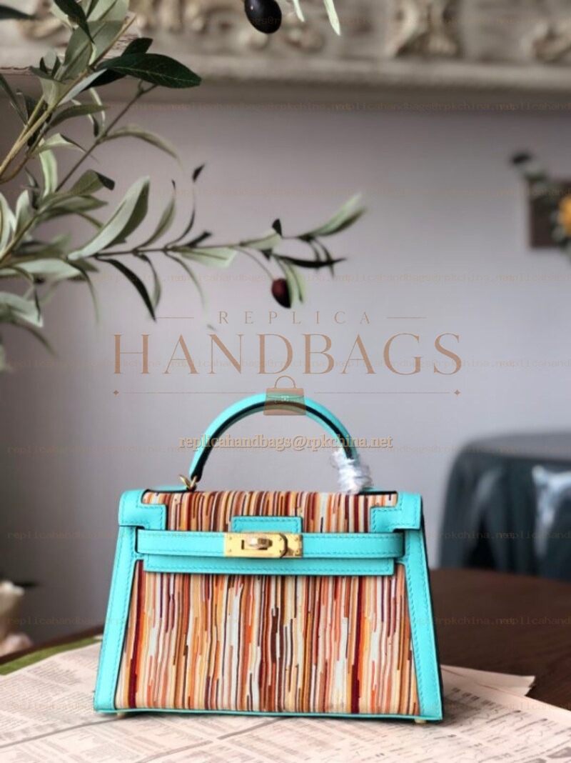 Replica Hermes Turquoise Multicolor Print Kelly Mini 20 Gold Hardware Bag