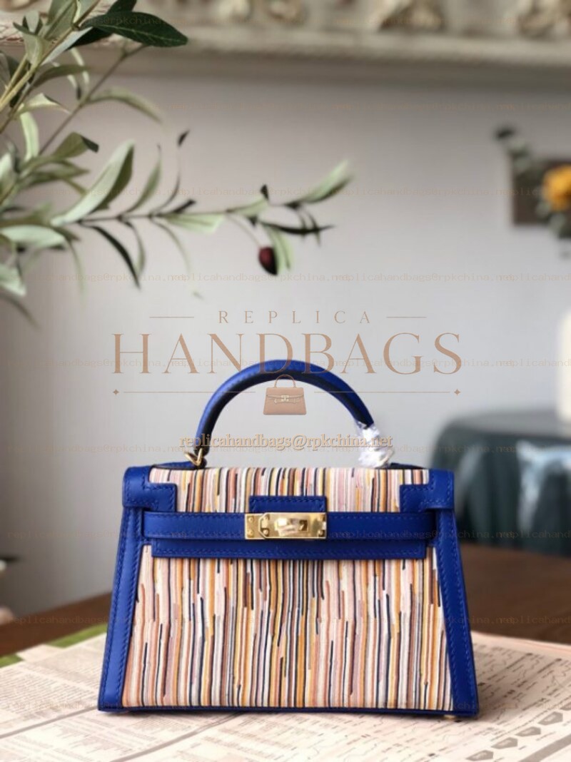 Replica Hermes Blue Multicolor Print Kelly Mini 20 Gold Hardware Bag